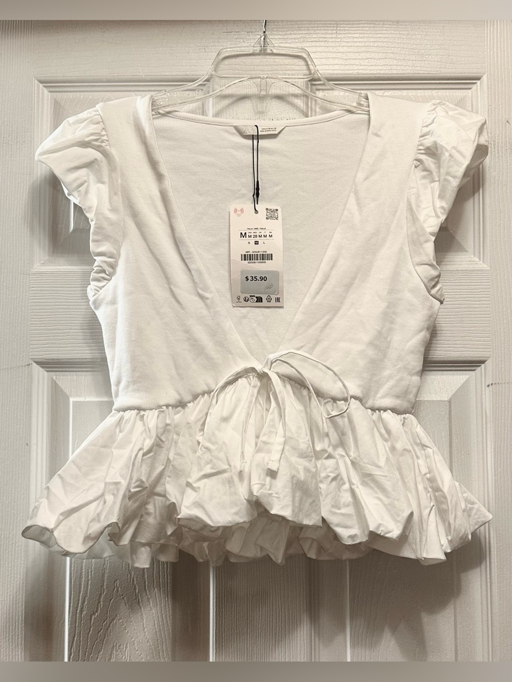 Women's White Ruffle Tie-Front Peplum Top